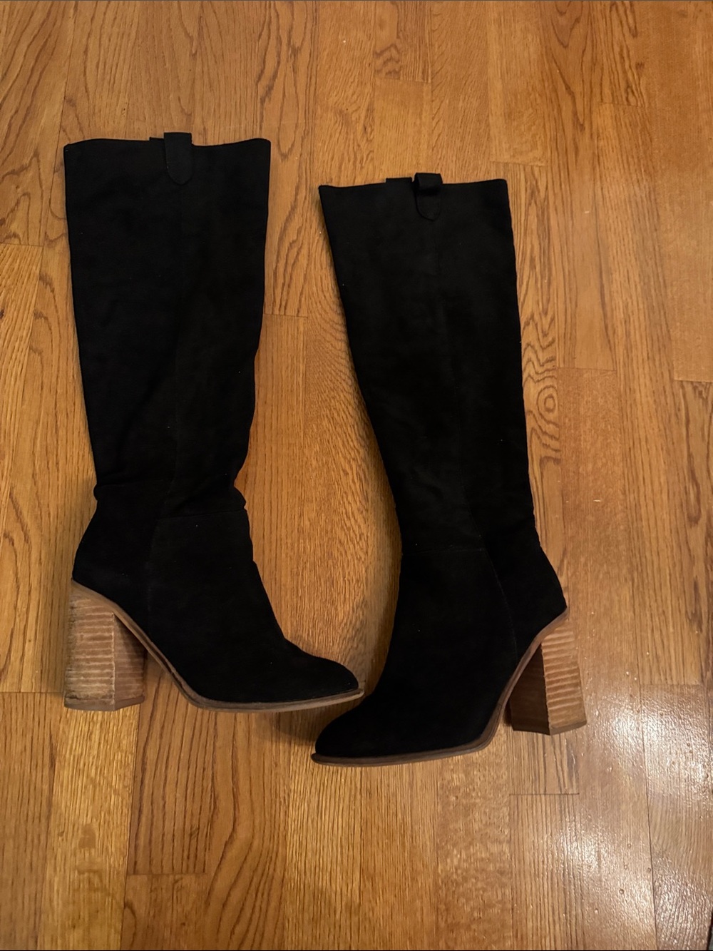 Women's Black Suede Knee-High Block Heel Boots